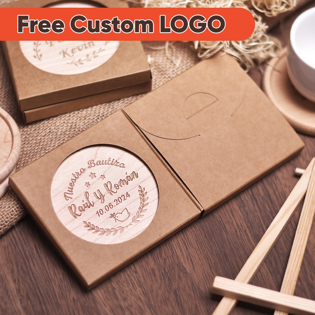 1pcs ฟรีส่วนบุคคลไม้วอลนัท Coaster เลเซอร์แกะสลักโลโก้รอบ Square Beech ถ้วยไม้บรรจุภัณฑ์สําหรับของขวัญ