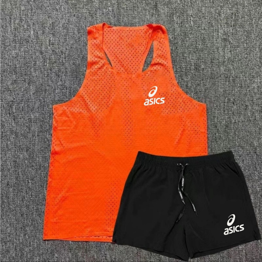 [สั่งซื้อพร้อมสต็อก] ชุดกีฬามาราธอนวิ่งกลางแจ้งของผู้ชายแห้งเร็วเสื้อกั๊กตาข่ายระบายอากาศซับกางเกงสามจุด