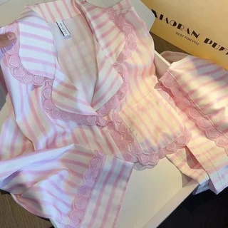 สีชมพูรักลูกไม้ชุดนอนสตรีลายคาร์ดิแกนเสื้อผ้าที่บ้านชุด