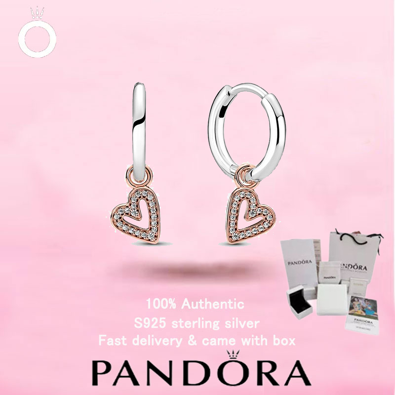 (137)ใหม่ PANDORA S925 เครื่องประดับเงินสเตอร์ลิงของขวัญวันวาเลนไทน์ Top Choice ต่างหูหัวใจทาสีมือประกาย