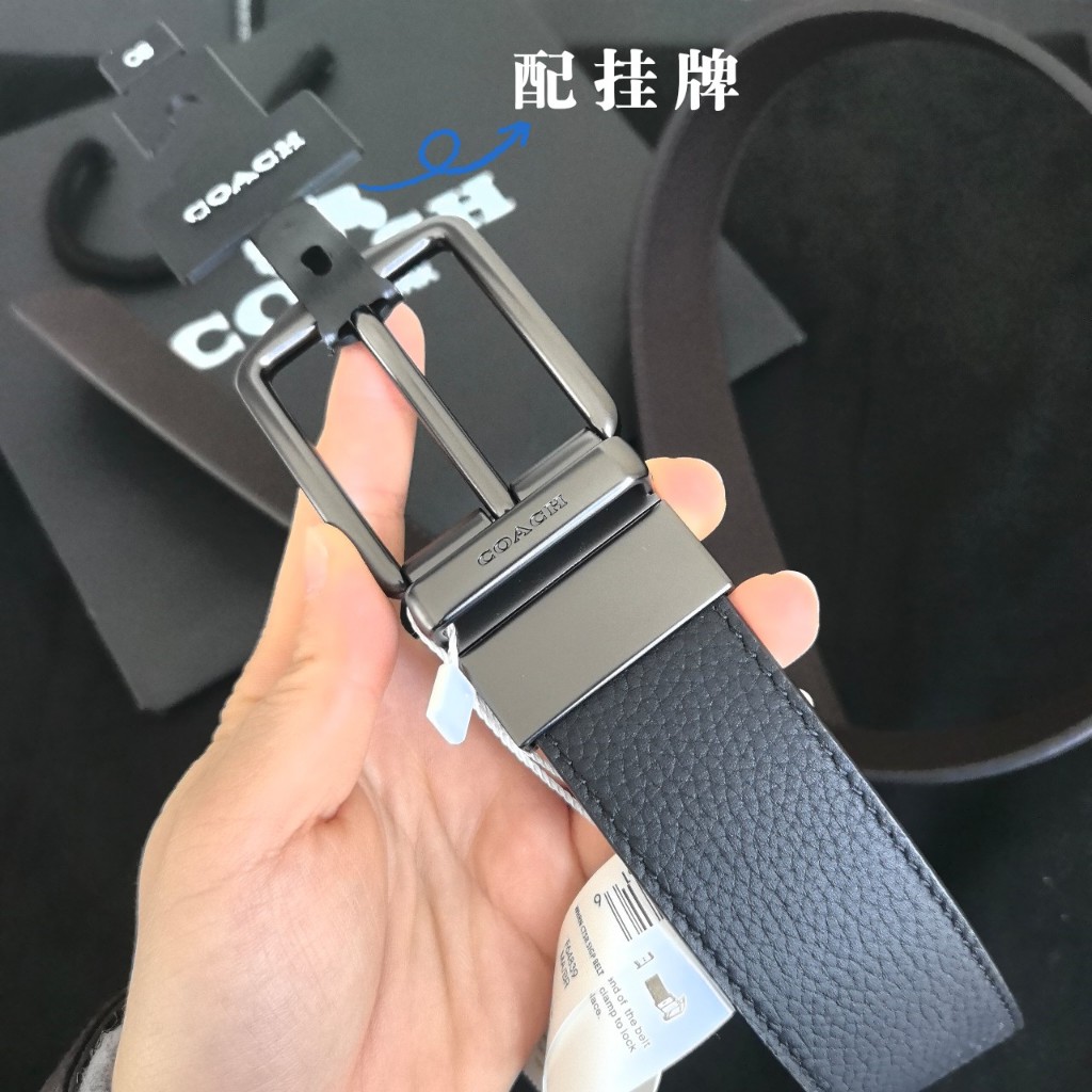 Coach Mens Classic Black and Brown Double-sided Lychee Pattern Leather Belt Gun Grey Pin Closed Sing