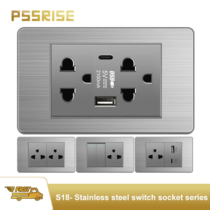 PSSRISE Wall Switch Socket Set แผงสวิตช์สแตนเลส 118 15A 110V สีเทา มีประกัน S18