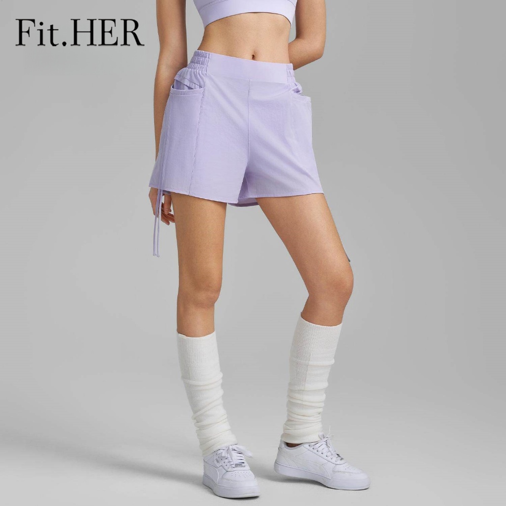 Fit.HER กางเกงกีฬาขาสั้น Anti-Reveal กางเกงปั่นจักรยานเชือกรูดสองชิ้นปลอมน้ําหนักเบาแห้งเร็วพร้อมกระเป๋าขนาดใหญ่กางเกงออกกําลังกาย