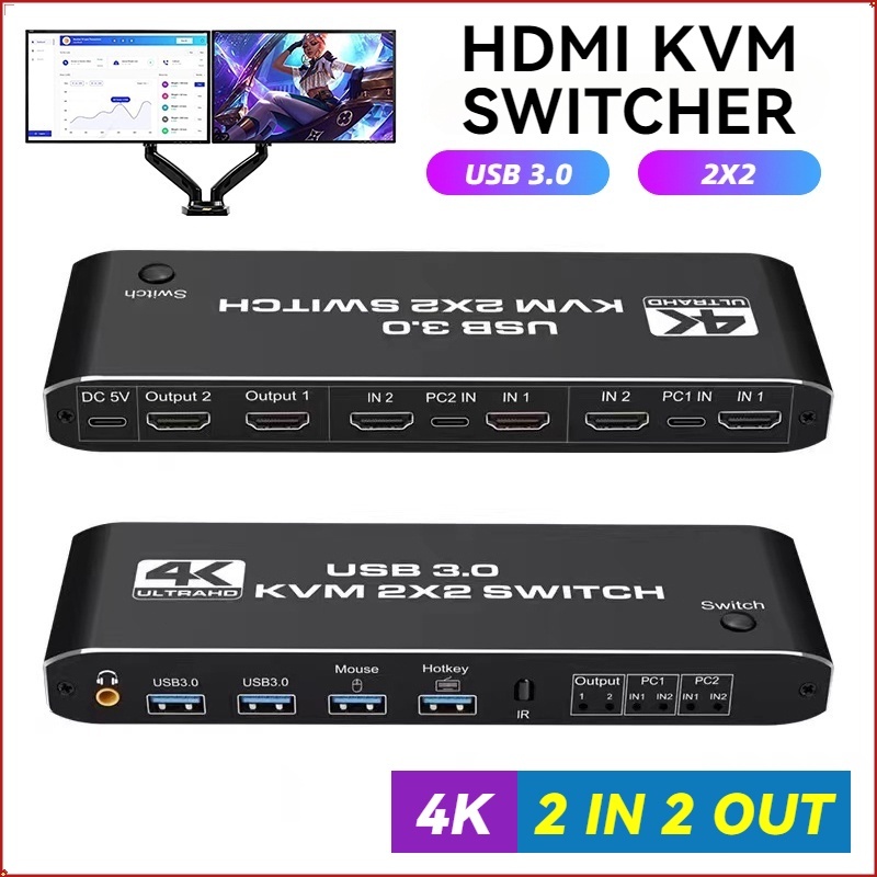Dual Monitor 4K HDMI KVM Switcher 2x2 สําหรับ 2 PC Share Monitor USB