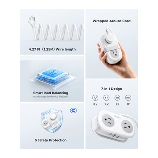 ORICO 7-in-1 Travel Power Strip: 4 AC Outlets, USB-C, 1.25m Wrap Cord, 2500W แบบพกพาปลั๊กแบนสายไฟ 5 ป้องกันความปลอดภัย