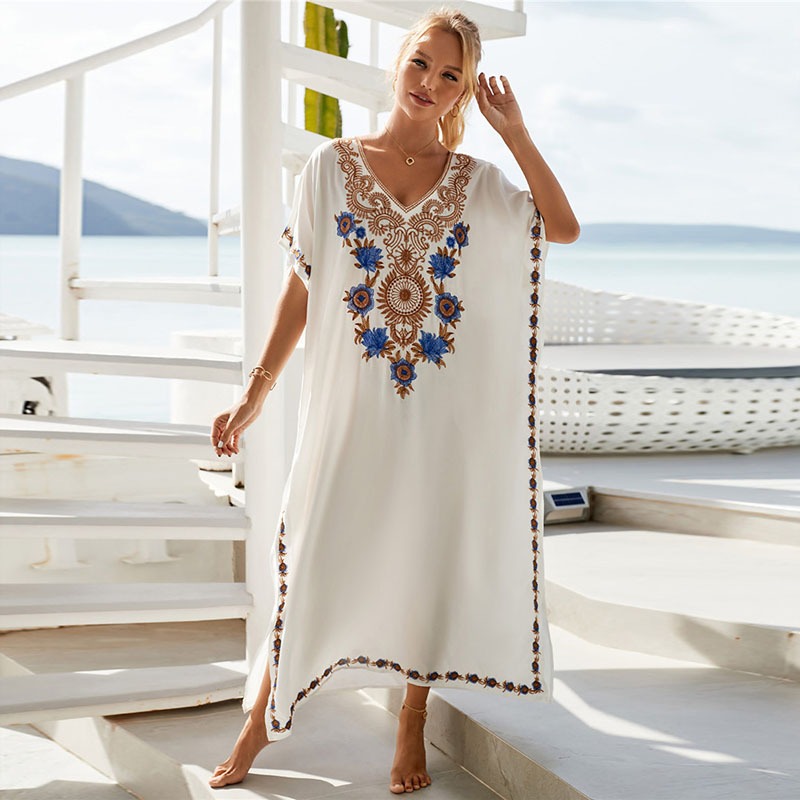 Oversize สีขาว Cover Ups เย็บปักถักร้อย V คอ Maxi ชุดสําหรับฤดูร้อนแขนสั้น Holiday Kaftan ชุดว่ายน้ํ
