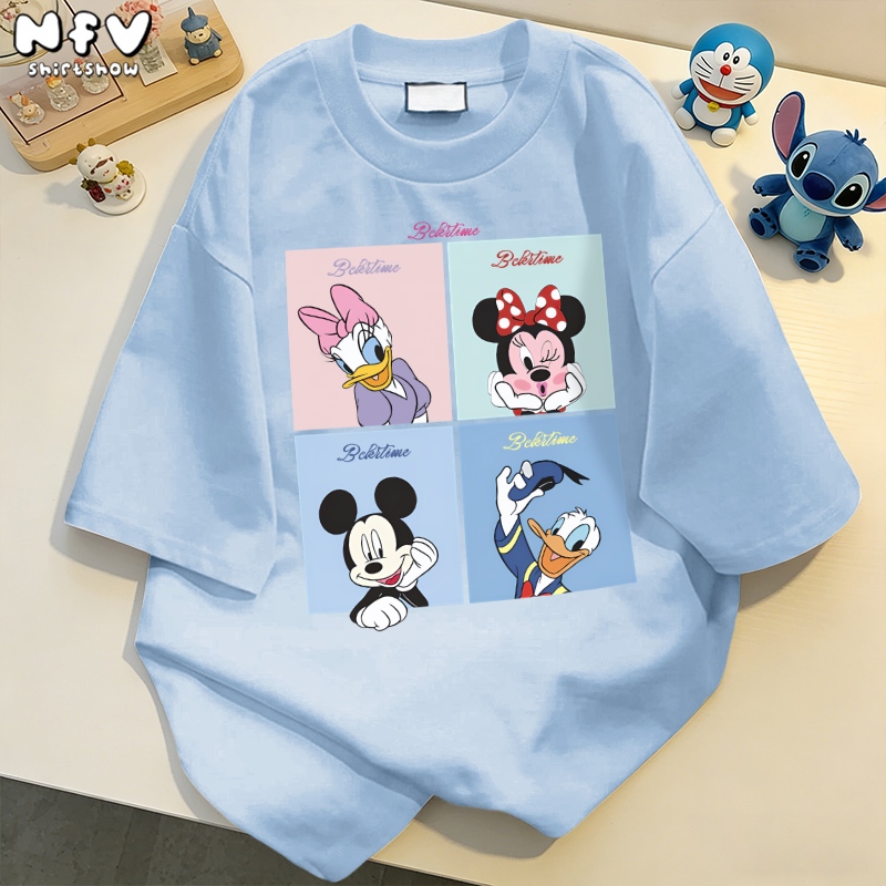 NFV แฟชั่นเกาหลี💙ระบายอากาศ เสื้อยืดแขนสั้นคอกลม ลายพิมพ์ Mickey Mouse ทรงหลวม ใส่สบาย YG1204