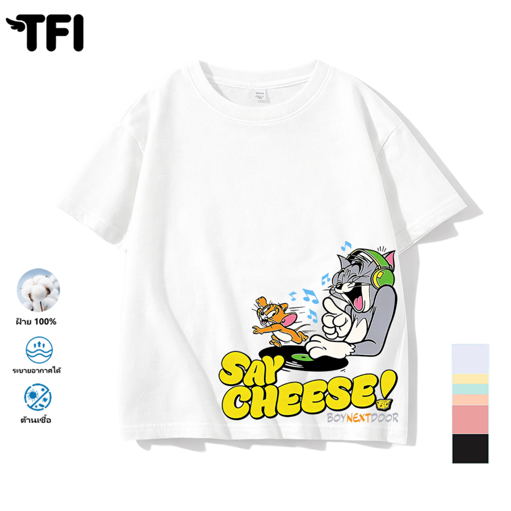 TFI เสื้อยืดแขนสั้นเด็ก สไตล์ลำลอง summer ทอมและเจอร์รี่ พิมพ์ลาย คอตตอน คอกลม หลวมและระบายอากาศ สำห