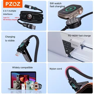 PZOZ 4 in 1 140W PD USB C สายดิจิตอลจอแสดงผล Fast Charging สําหรับ iPhone 17 16 15 14 13 Pro Max สําหรับ Apple watch MacBook iPad USB Type C Micro สายไฟชาร์จ