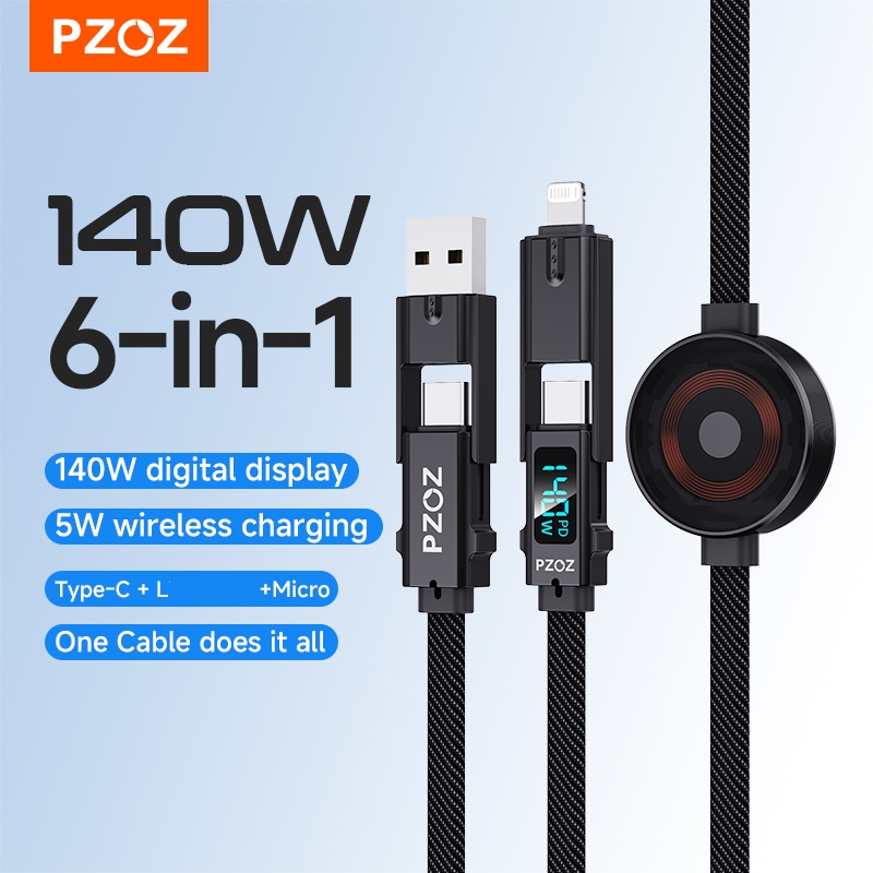 PZOZ 6 in 1 140W PD USB C สายดิจิตอลจอแสดงผล Fast Charging สําหรับ iPhone 17 16 15 14 13 Pro Max สําหรับ Apple watch MacBook iPad USB Type C Micro สายไฟชาร์จ