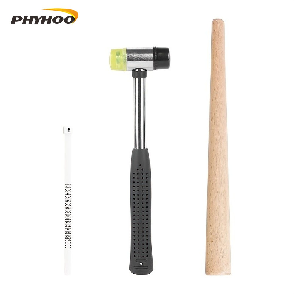 PHYHOO ชุดวัดขนาดแหวน 3 ชิ้น, พร้อมค้อน, แท่งไม้และเข็มขัดวัด, เครื่องมือซ่อมแซมแหวน