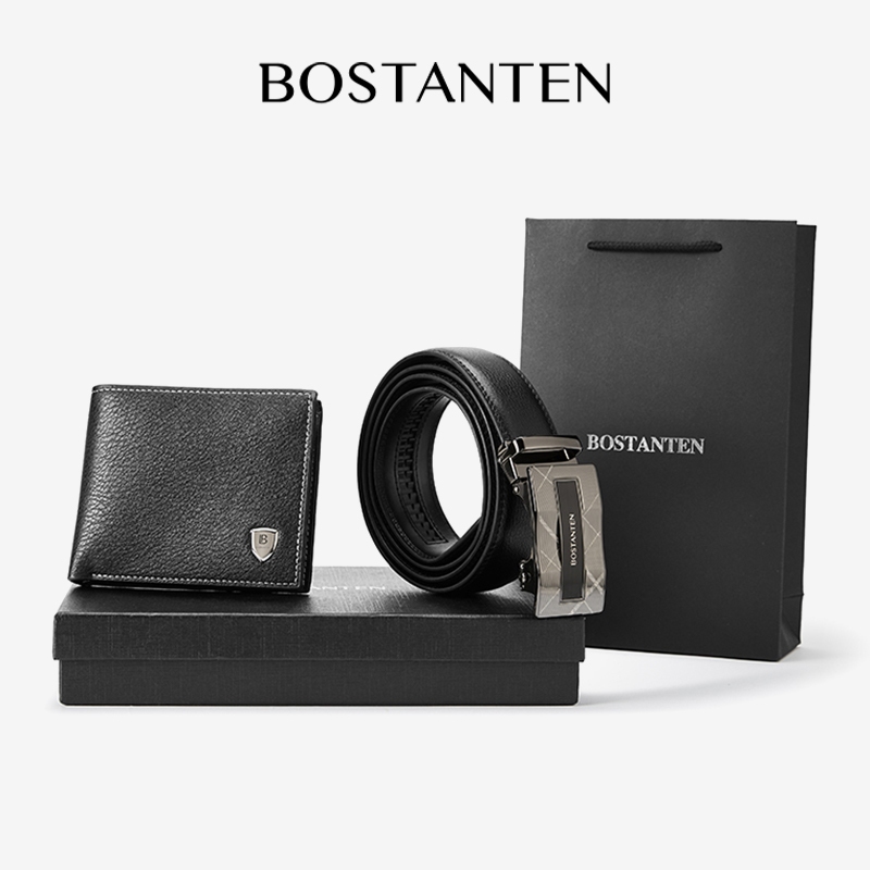 BOSTANTEN กระเป๋าสตางค์ผู้ชายและชุดเข็มขัด กระเป๋าสตางค์คุณภาพสูง เข็มขัดหัวเข็มขัดอัตโนมัติ