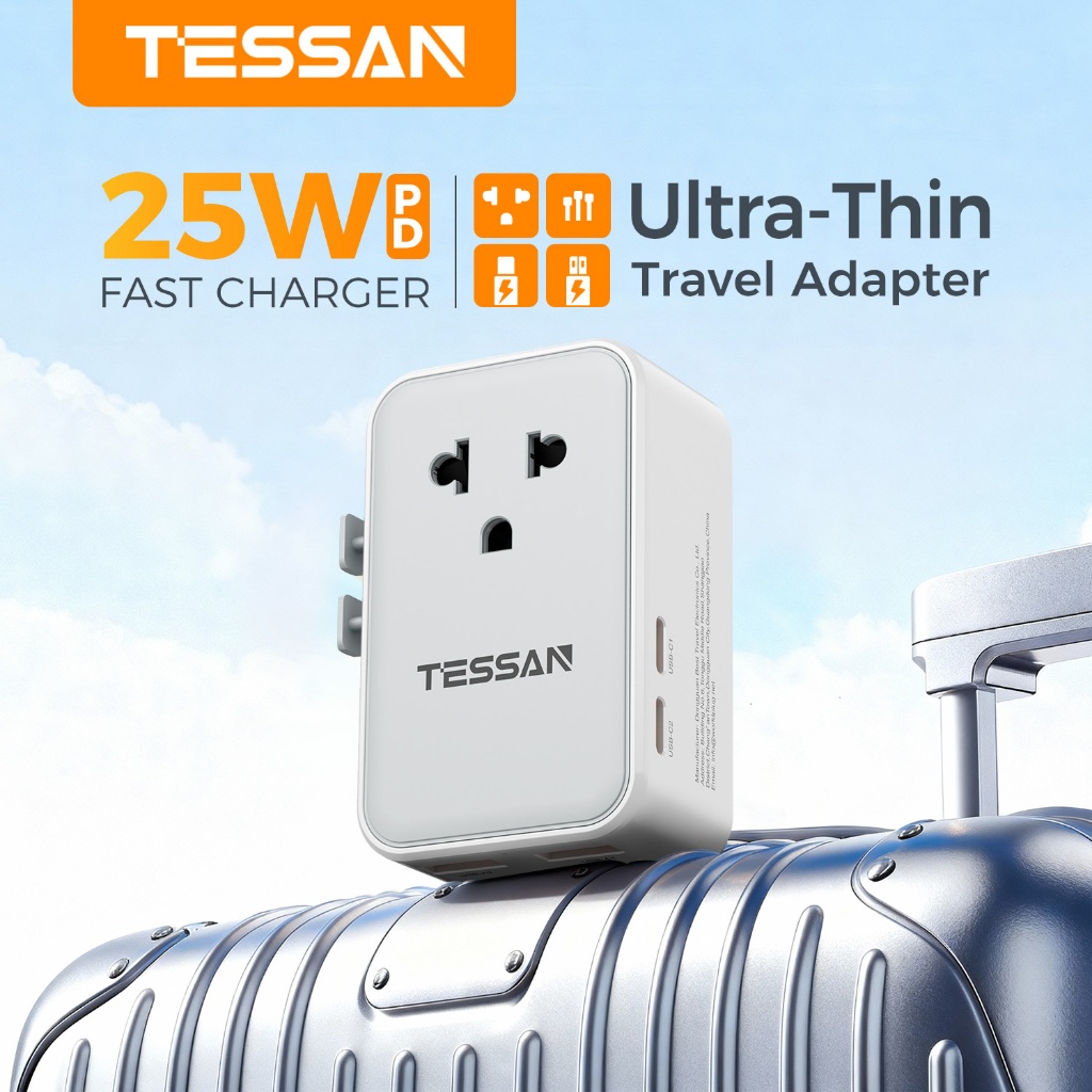 TESSAN PD 25W บางเฉียบ Travel Adapter USB A+Type C ปลั๊กเครื่องชาร์จแบบพกพาสําหรับ CN TW JP KR ID AU
