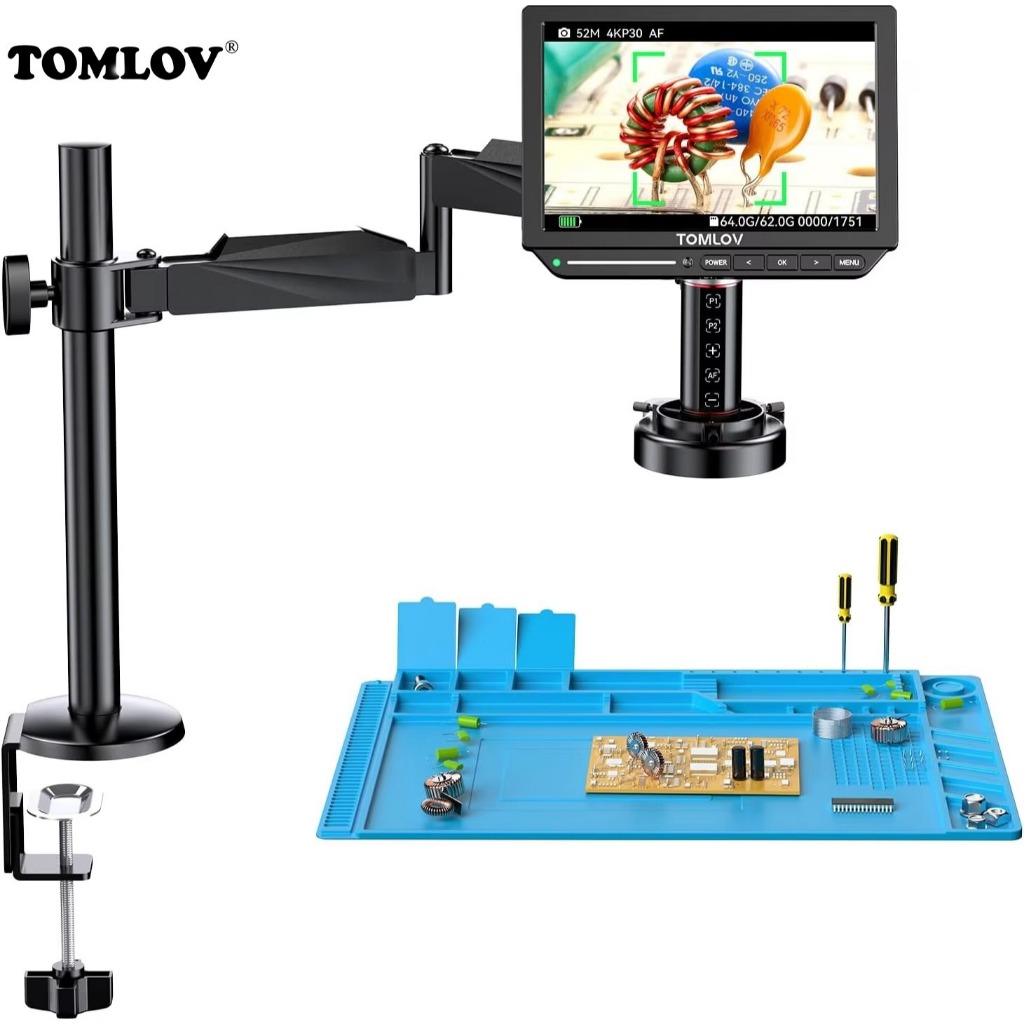 TOMLOV Autofocus กล้องจุลทรรศน์ดิจิตอล 4K 8 "TM4K-AF Flex Arm HDMI ไมโครบัดกรีกล้องจุลทรรศน์ไฟด้านข้