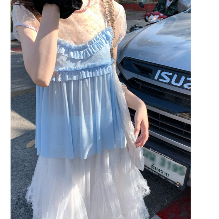 100168 แขนสั้นตาข่ายหวานสองชิ้น + เสื้อสายเดี่ยวเย็บลูกไม้
