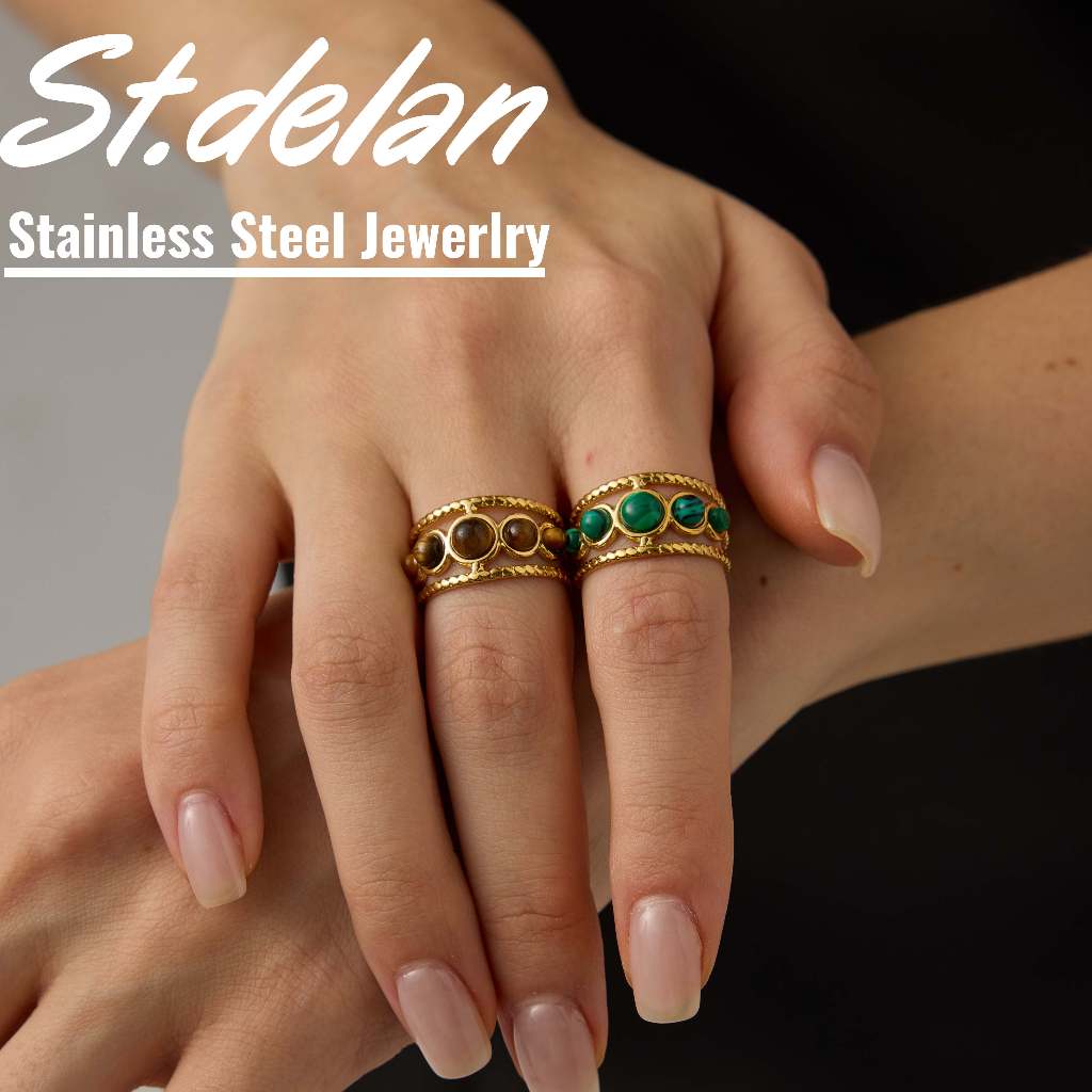 [STDELAN] แหวนเปิดหินมาลาไคต์สีเขียว/สีน้ำตาล สไตล์ยุโรปอเมริกัน ดีไซน์ฉลุลายฝังอัญมณี 5 เม็ด สแตนเลสสตีลคุณภาพเยี่ยม เหมาะทั้งใส่เองและให้เป็นของขวัญ สินค้าพร้อมส่งทันที