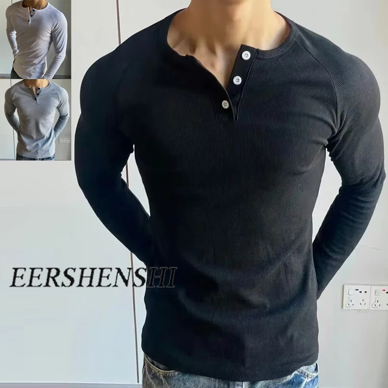 เสื้อยืดแขนยาวคอกี้สไตล์เฮンรี่ ออกแบบใหม่สำหรับผู้ชาย เหมาะสำหรับฤดูใบไม้ร่วงและฤดูหนาว