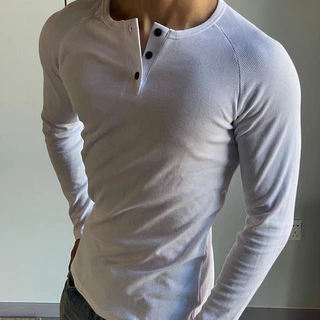 เสื้อยืดแขนยาวคอกี้สไตล์เฮンรี่ ออกแบบใหม่สำหรับผู้ชาย เหมาะสำหรับฤดูใบไม้ร่วงและฤดูหนาว