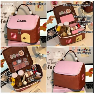 [พร้อมส่งในไทย] กระเป๋าเครื่องสำอางค์ สีหวานละมุน รูปทรงบ้าน พร้อมที่จับ อเนกประสงค์ แบบพกพา