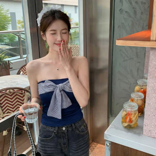 ❤️ในสต็อก🤍เสื้อเกาะอกผู้หญิง ดีไซน์เชื่อกผูกหน้าอก เสื้อครอปทรงรัดรูป เซ็กซี่แฟชั่นY2K สไตล์อเมริกัน สีพื้น แขนกุด