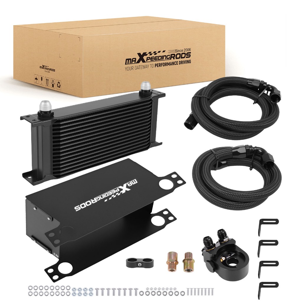 【16-ROW SET】Universal oil cooler ชุดออยคูลเลอร์น้ำมันเครื่อง 16 แถว AN10 พร้อมแอร์ไกด์ เทอร์โมสแตท แซนด์วิชเพลท สายถัก รถแต่ง รับประกันไทย