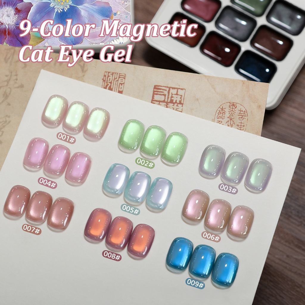 Jillradia - ยาทาเล็บเจลทรงตาแมวสีฟ้าและชมพูเงางามพิเศษ ชุด 9 สี เหมาะสำหรับใช้ในร้านทำเล็บ