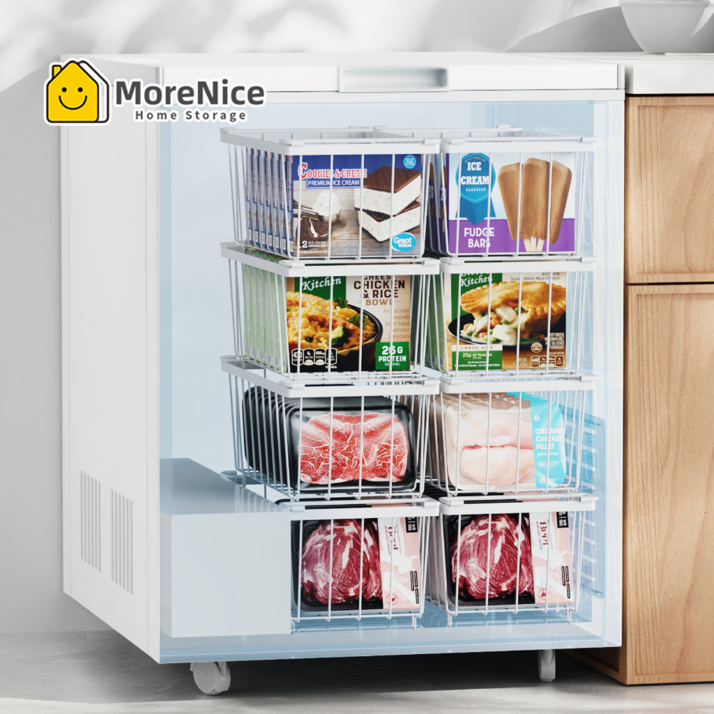 MoreNice ตะกร้าตู้วางซ้อนกันได้ 4 แพ็คที่จัดระเบียบห้องครัวอเนกประสงค์พร้อมตะกร้าแช่แข็งแบบเปิด