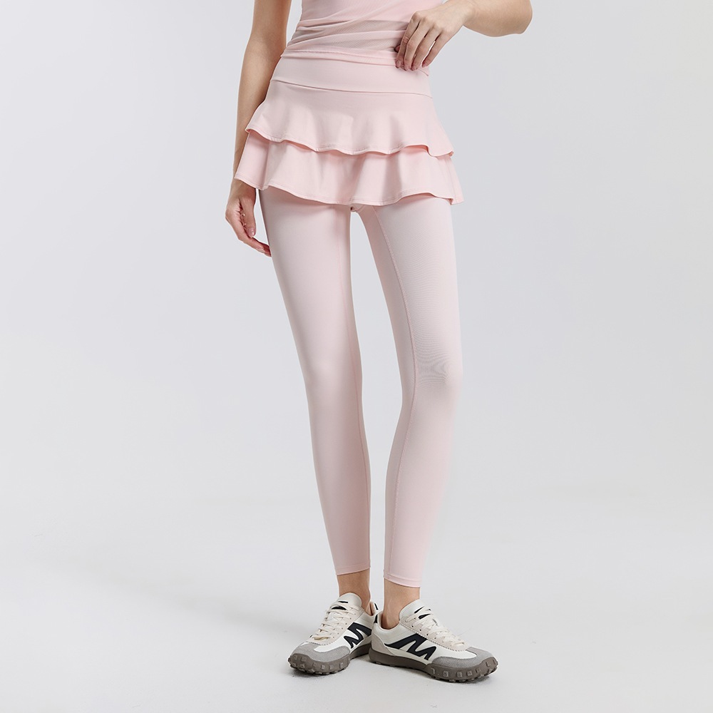 โยคะสตรี Faux สองชิ้นเอวสูง Anti Chafing ออกกําลังกาย Skort Breathable Nude Feel กีฬาแน่นกางเกงกระโปรง