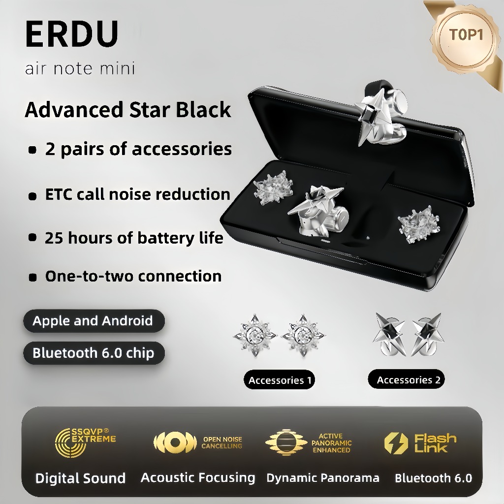 【ERDU】 หูฟังตัดเสียงรบกวนไร้สาย True, Bluetooth V6.0, Hybrid ANC -48dB, ไมโครโฟน 2 ตัวพร้อมการโทรที่