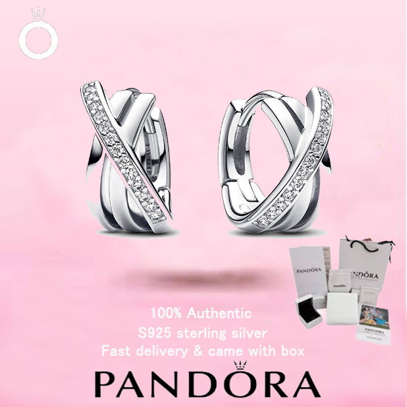 (153) ใหม่ PANDORA S925 เครื่องประดับเงินสเตอร์ลิงของขวัญวันวาเลนไทน์ Top Choice Crossover Pavé Hoop ต่างหู