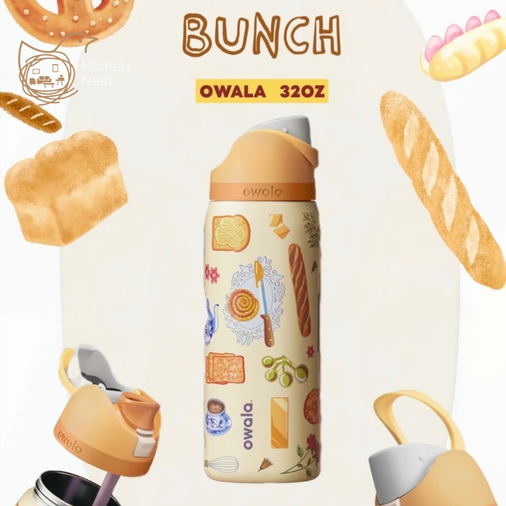 Owala Brunch Bunch Limited 32oz Butter Straw Cup - กระติกน้ําร้อนสแตนเลสหุ้มฉนวน, ฝาปิด Pop-Up แก้วน้ําพกพาร้อนและเย็น