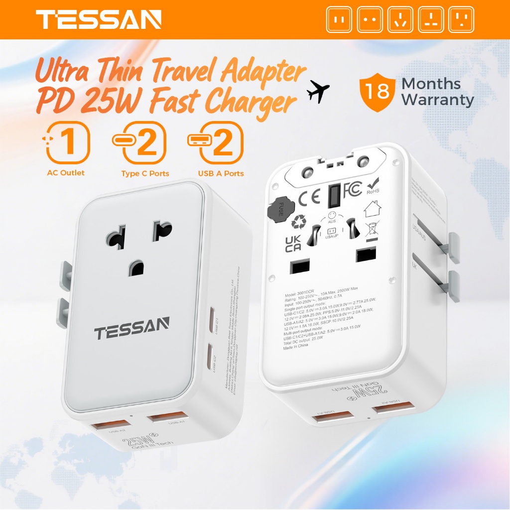 TESSAN บางเฉียบ Universal Travel Adapter PD 25W พร้อม USB+TypeC, ตัวแปลงตัวปรับผนังแบบครบวงจรทั่วโลก
