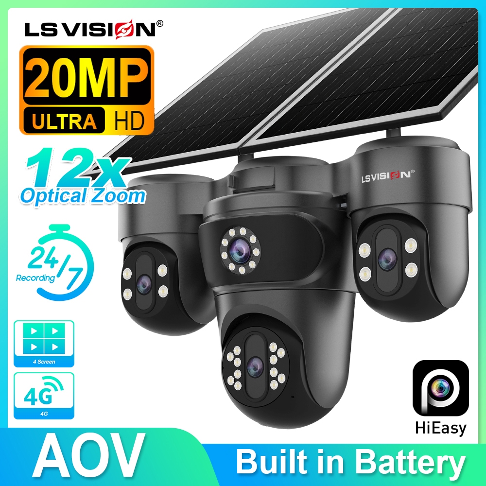 LS VISION 4K 3 PTZ AOV 4G กล้องพลังงานแสงอาทิตย์, 4 เลนส์ 4 หน้าจอ 14400mAh แบตเตอรี่ IP66 กันน้ํา A