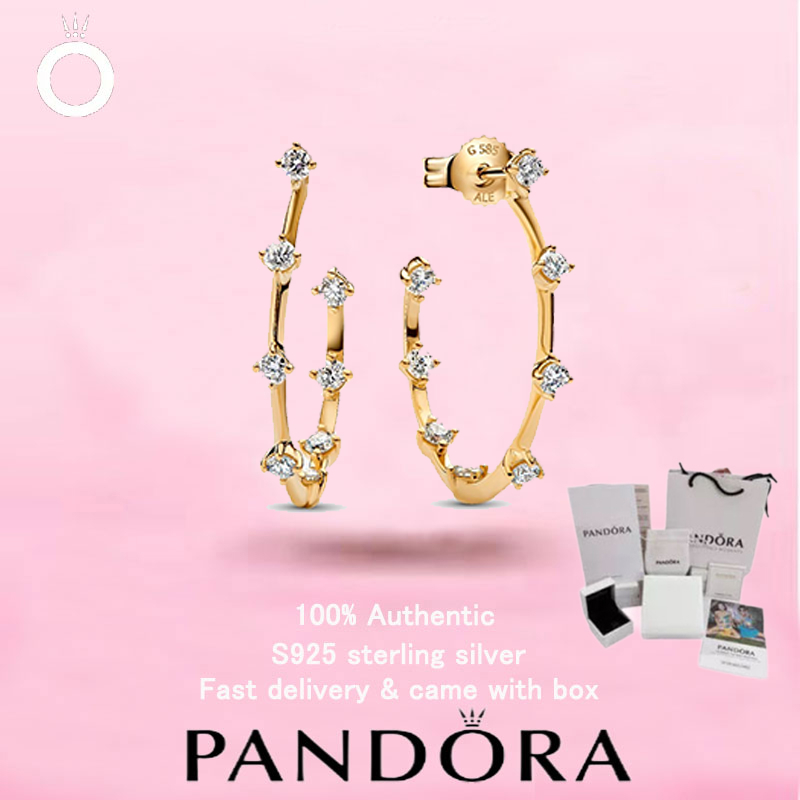 (161)เครื่องประดับชุบทอง PANDORA ใหม่ ของขวัญวันวาเลนไทน์ Top Choice Station Hoop ต่างหู