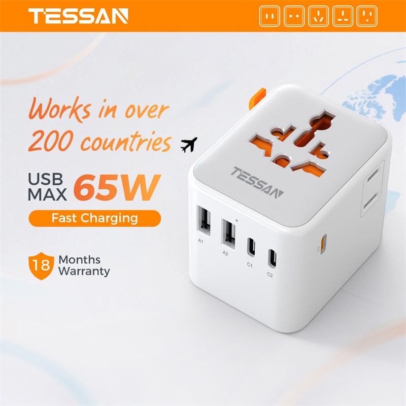 TESSAN หัวแปลงปลั๊กไฟ Universal Travel Adapter มาพร้อม ช่อง USB-C+USB-A รุ่น สิ่งจำเป็นสำหรับการเดินทาง