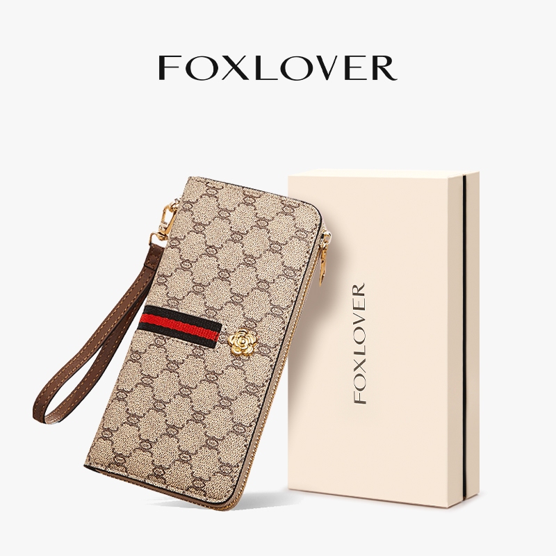 FOXLOVER กระเป๋าสตางค์ใบยาวสำหรับผู้หญิง ลายทางคลาสสิก มีซิป