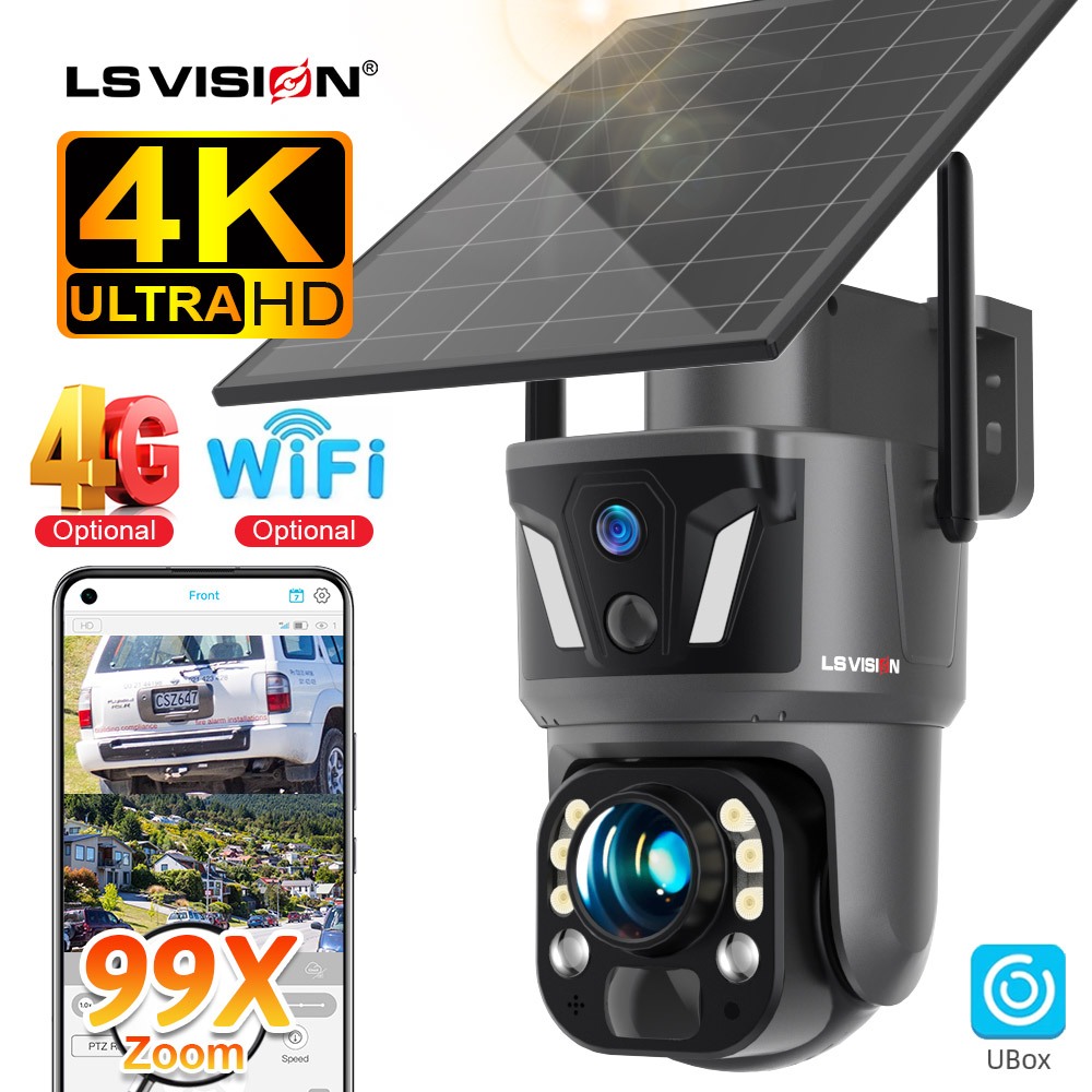 LS VISION 6MP 99X ซูม 2 เลนส์ 2 หน้าจอพลังงานแสงอาทิตย์ PTZ กล้อง 9W แผงโซลาร์เซลล์ 10400mAh แบตเตอรี่ IP66 กันน้ํา WIFI/4G UBox APP PIR + AI Humanoid Detection 2-Way Talk Cloud/256GB TF Storage