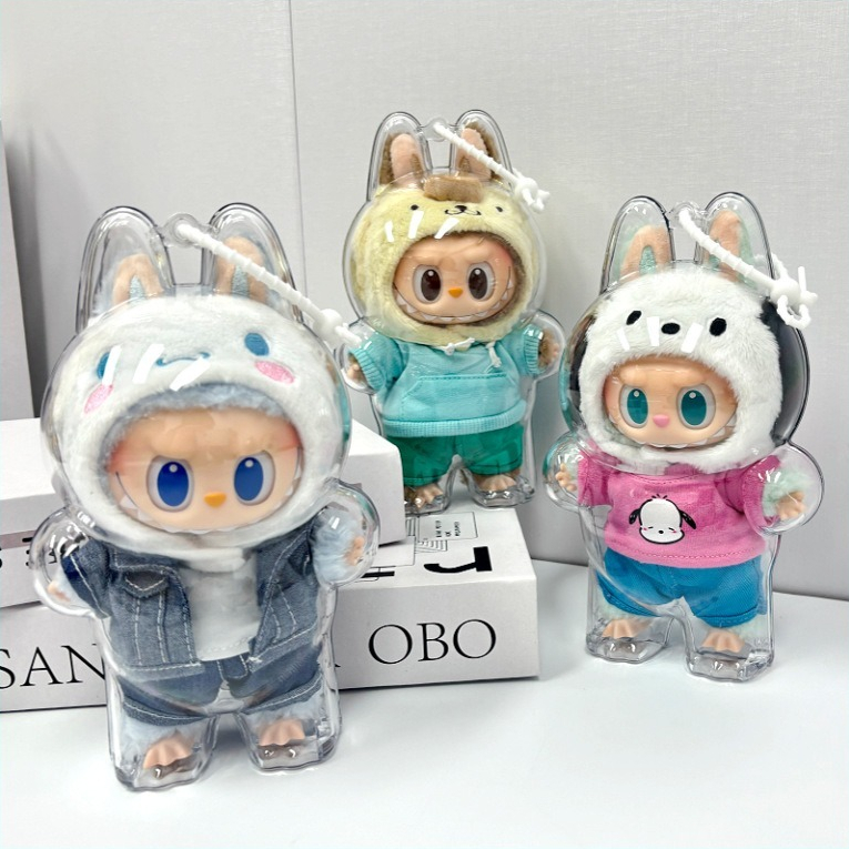(เฉพาะเคส) Labubu Sanrio Family Series กระเป๋าใส่ตุ๊กตาใสสําหรับ Labubu Sanrio กันฝุ่น 17 ซม. จี้ไวนิลและตุ๊กตา