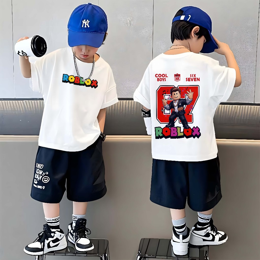 【24 ชั่วโมง】 ผ้าฝ้ายนุ่ม ลายการ์ตูน Roblox ลายการ์ตูนสไตล์แฟชั่น เสื้อยืดเด็กผู้ชาย นุ่มสบาย คุณภาพสูง 1-13 ปี