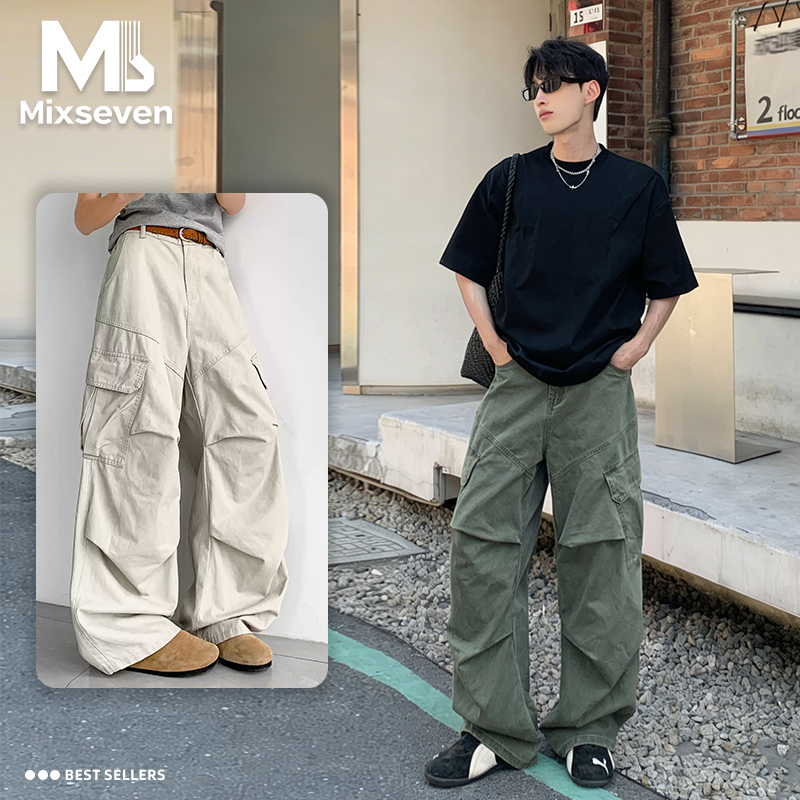 MIXSEVEN- กางเกงขายาวคาร์โก้ผู้ชาย  คล่องแคล่วและสบายสบาย สไตล์อเมริกันลำลอง