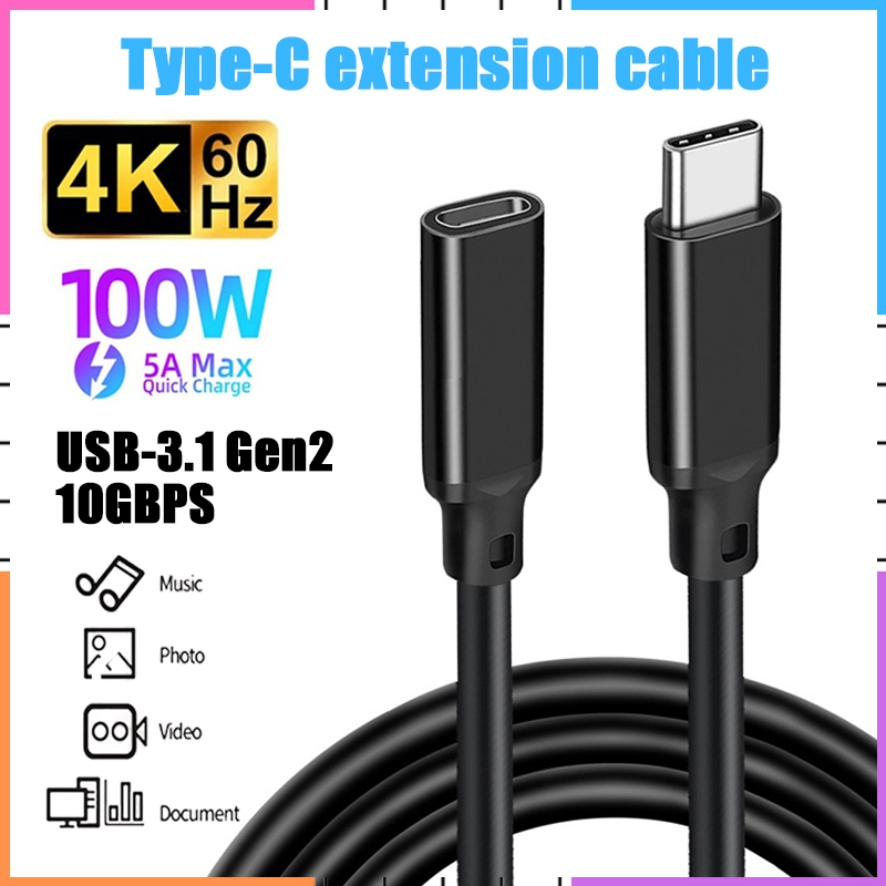 Ready StockType-C Extension Cable Usb3.1 gen2 USB C ชายหญิง 100W Fast Charging 20Gbps Data Cable 4K สําหรับแล็ปท็อป/สถานีเชื่อมต่อ/โทรศัพท์/แท็บเล็ต/จอภาพ