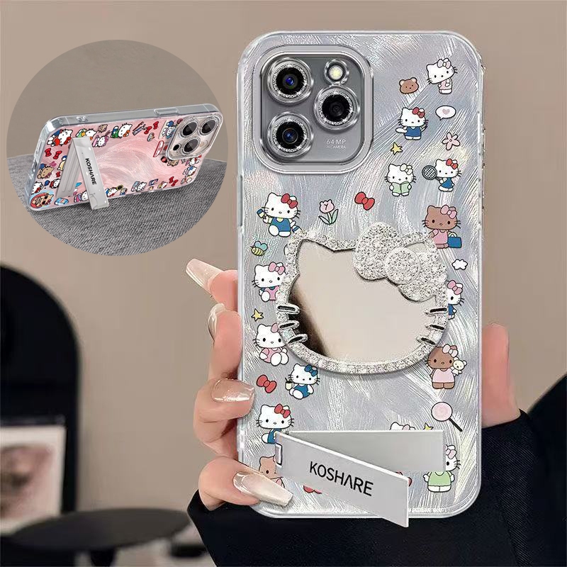 สําหรับ Samsung S25 S24 S23 S21 FE S22 S26 Plus Ultra A34 A35 A37 A36 A50S A53 A30S เคสโทรศัพท์ Kitty กระจกพร้อมผู้ถือ