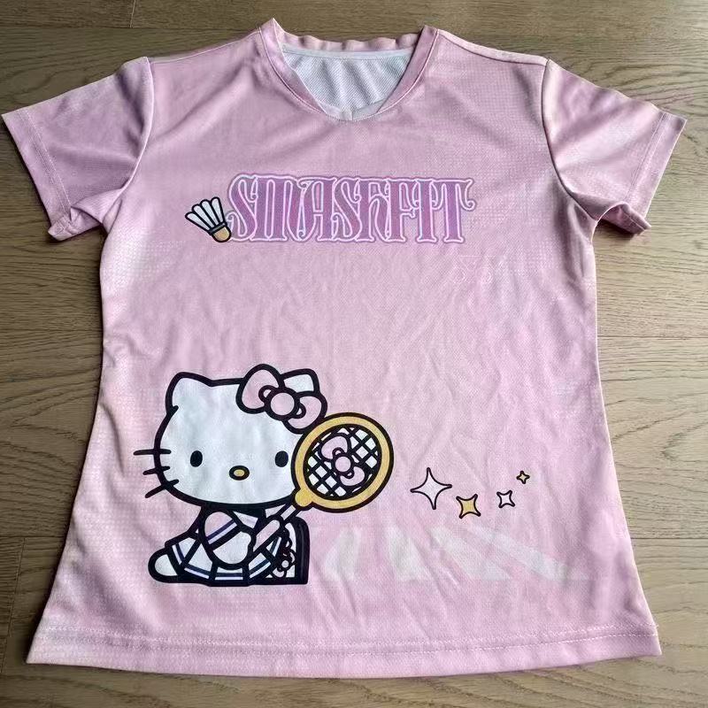 เสื้อแบดมินตัน Hello Kitty สีชมพู แห้งเร็ว สบาย น่ารัก กีฬา เสื้อยืด Unisex