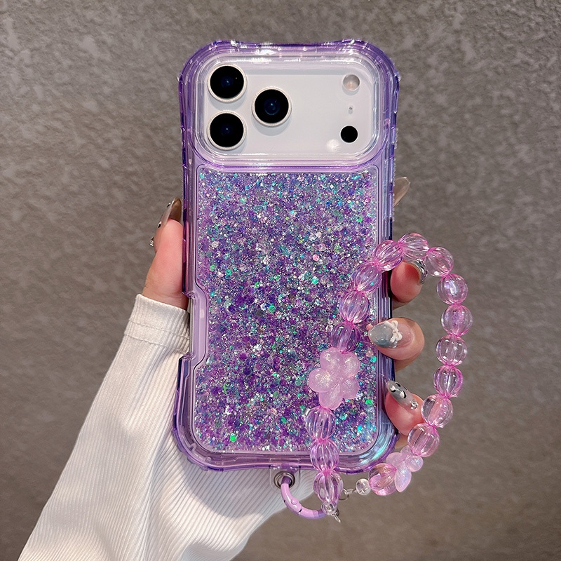 ด้วยสร้อยข้อมือ3 In 1 Glitter Epoxy โปร่งใส Hard กันกระแทกเคสโทรศัพท์สําหรับ iPhone 17 16 15 14 Pro Max 13 Pro Max แฟชั่นฝาครอบโทรศัพท์ปลอกใหม่