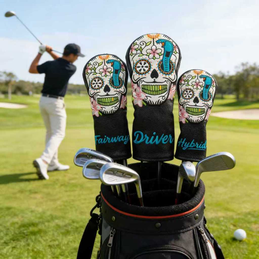น่ารัก Candy Skull Golf Club Cover กันน้ํา PU หนังวัสดุป้องกัน Clubs ได้อย่างมีประสิทธิภาพอินเทรนด์