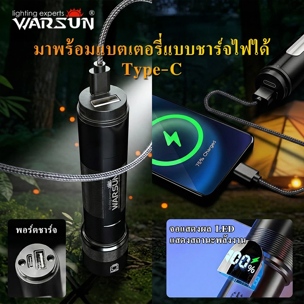 ไฟฉาย LED Warsun NB01 USB-C ซูมได้ มีไฟข้าง กันน้ำ หน้าจอดิจิตอล thumbnail 5