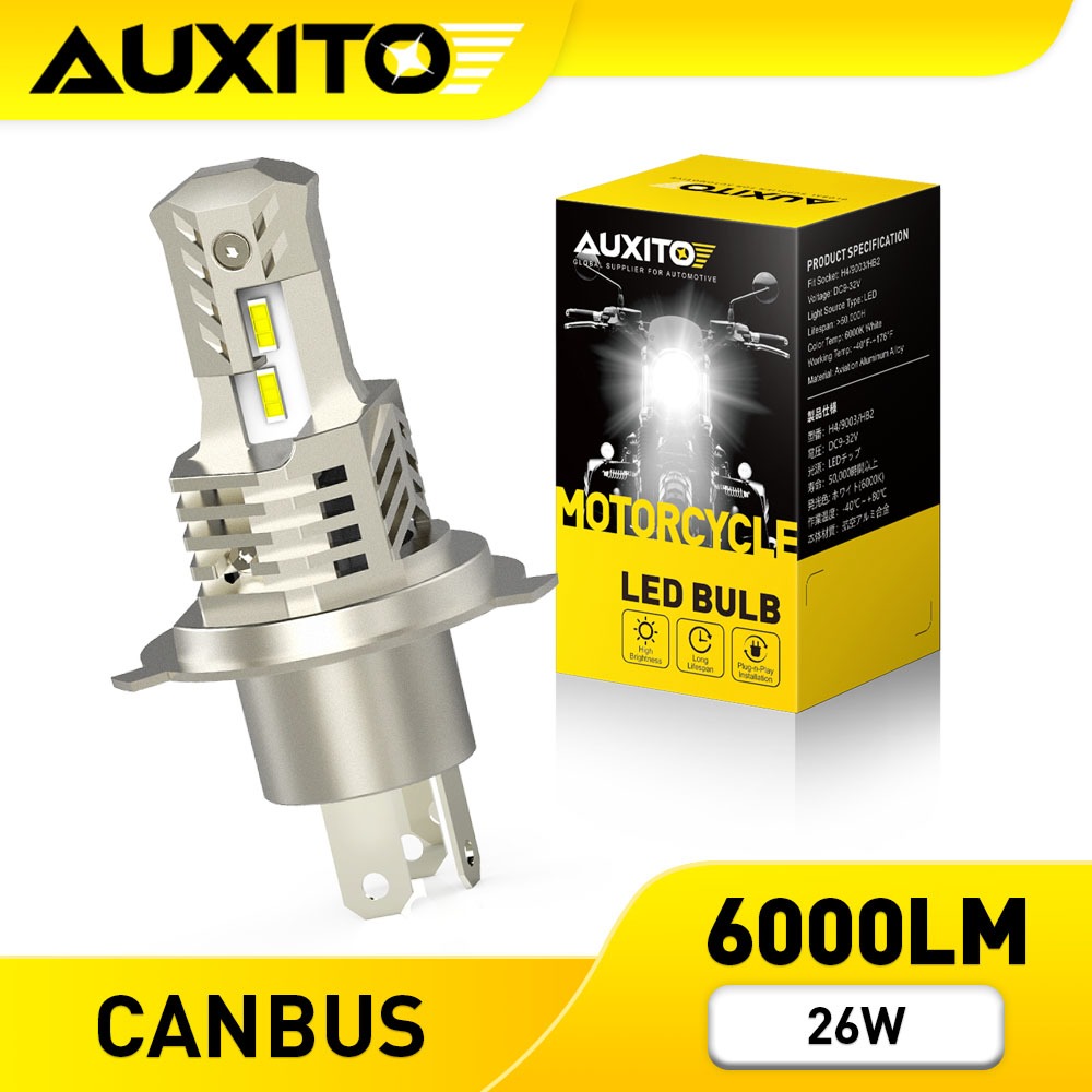 AUXITO 1PC หลอดไฟหน้ารถจักรยานยนต์ H4 LED Hi Lo Moto ชิป 6000LM 26W ZES 6000K สว่างมาก สีขาว
