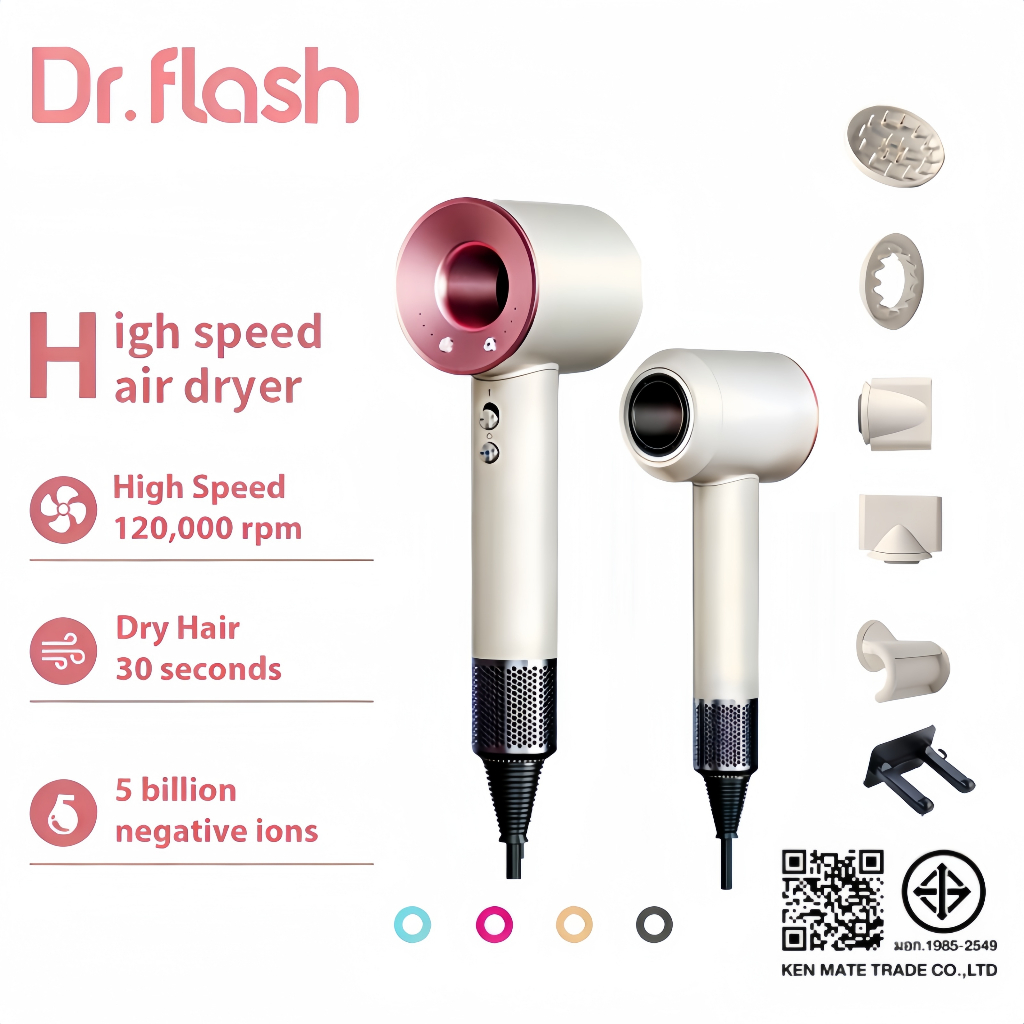【รับประกัน 3ปี】Dr.Flash High-Speed Hair Dryer ไดร์เป่าผม ไดร์เป่าผมความเร็วสูง 120000 รอบ/นาที เป่าผมแห้งเร็ว ไอออนลบ ดูแลเส้นผม