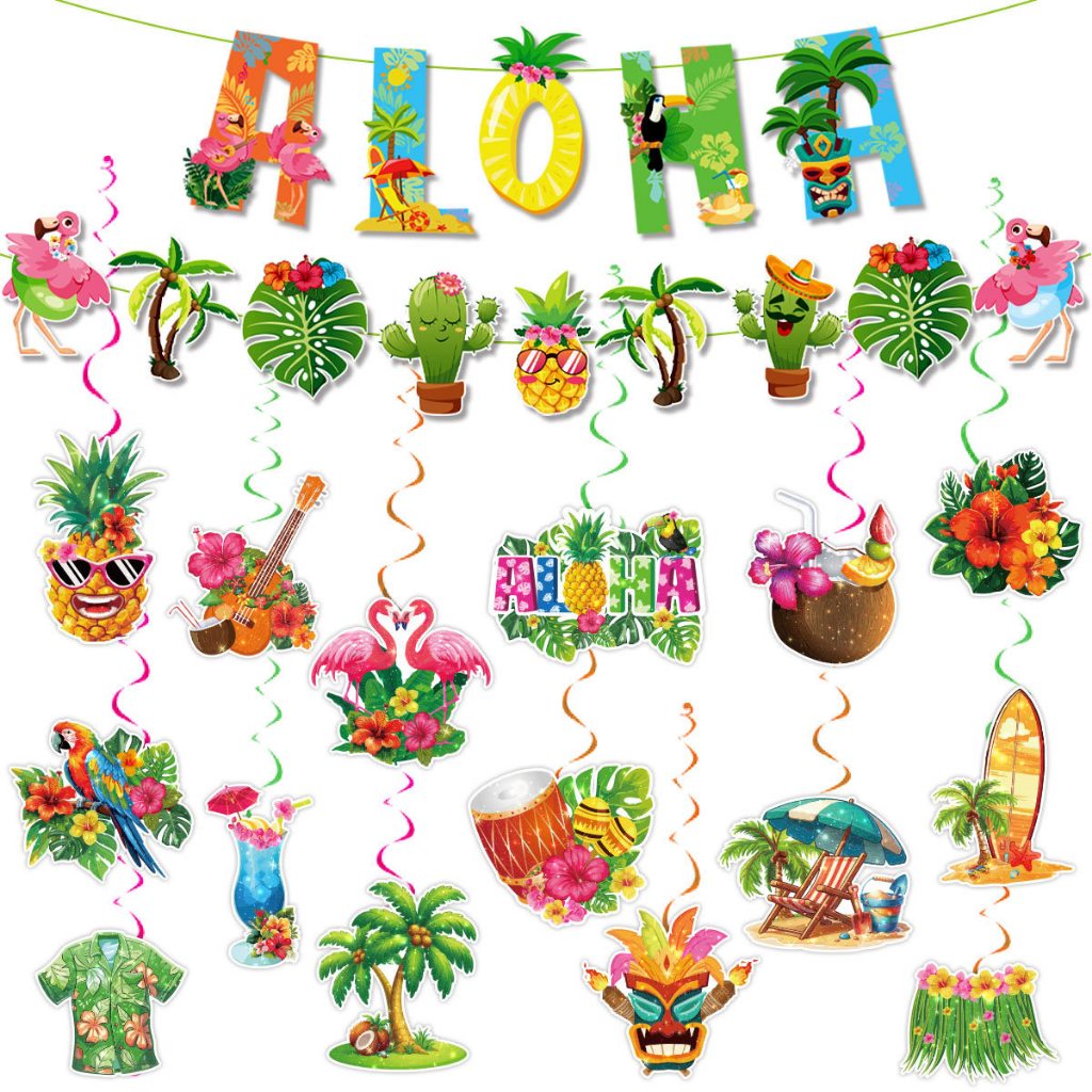 Hawaiian Aloha Party ตกแต่ง, Hawaiian Aloha แบนเนอร์วันเกิดแขวน Swirls,Tropical Hawaiian Theme Summe
