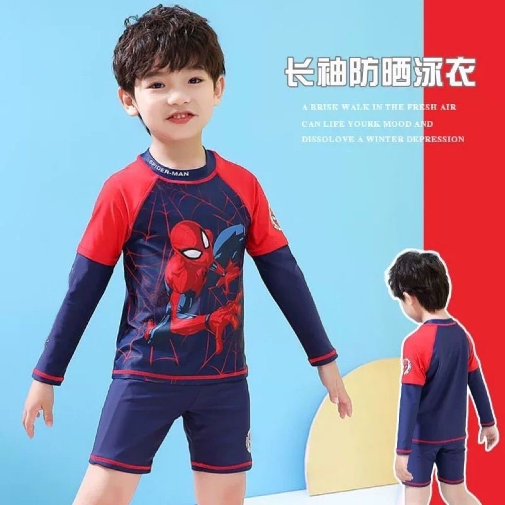 ‍♂️ชุดว่ายน้ำเด็ก สไปเดอร์แมนแขนยาว 3 ชิ้น (เสื้อ+กางเกง+หมวก) Spider-Man ราคา ถูกที่สุด ดีลบีเคเค แกลเลอรีภาพที่ 6